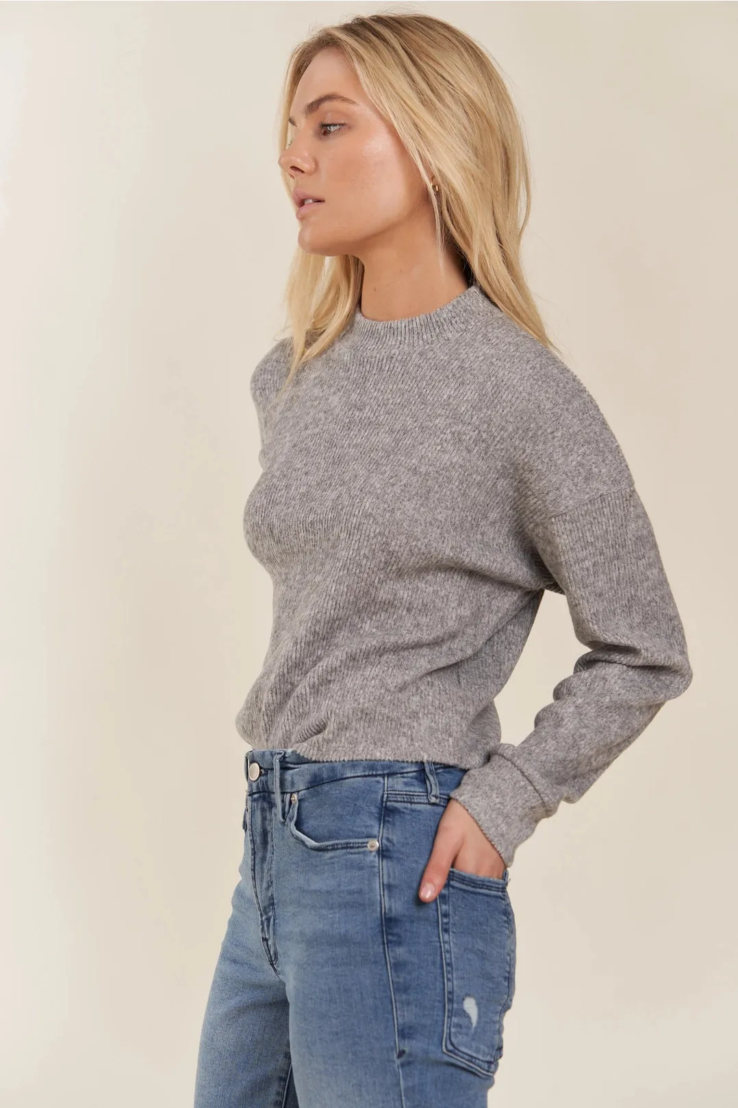 Mock Neck Hi-Low Crop Top Sweater - Grey (READY TO SHIP)