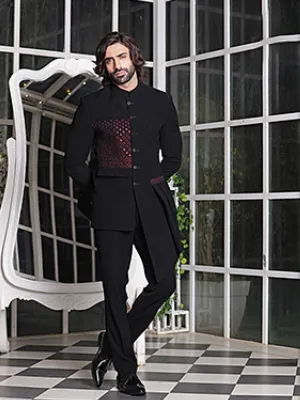 Modern Style Refined Black Designer Sherwani For Men