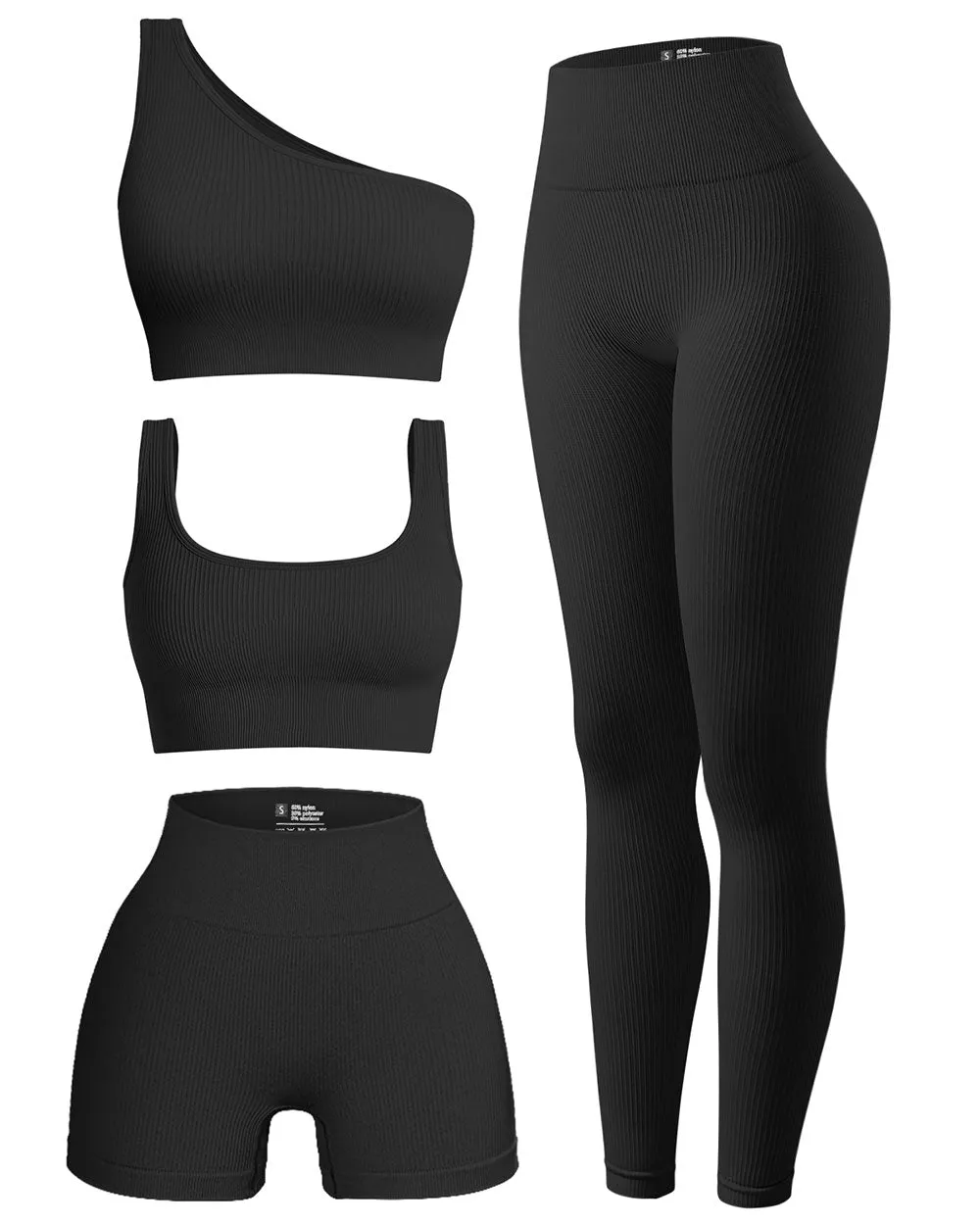 Ribbed  Neck Sports One Shoulder High Waist Legging  Set Bra Shorts Outfit