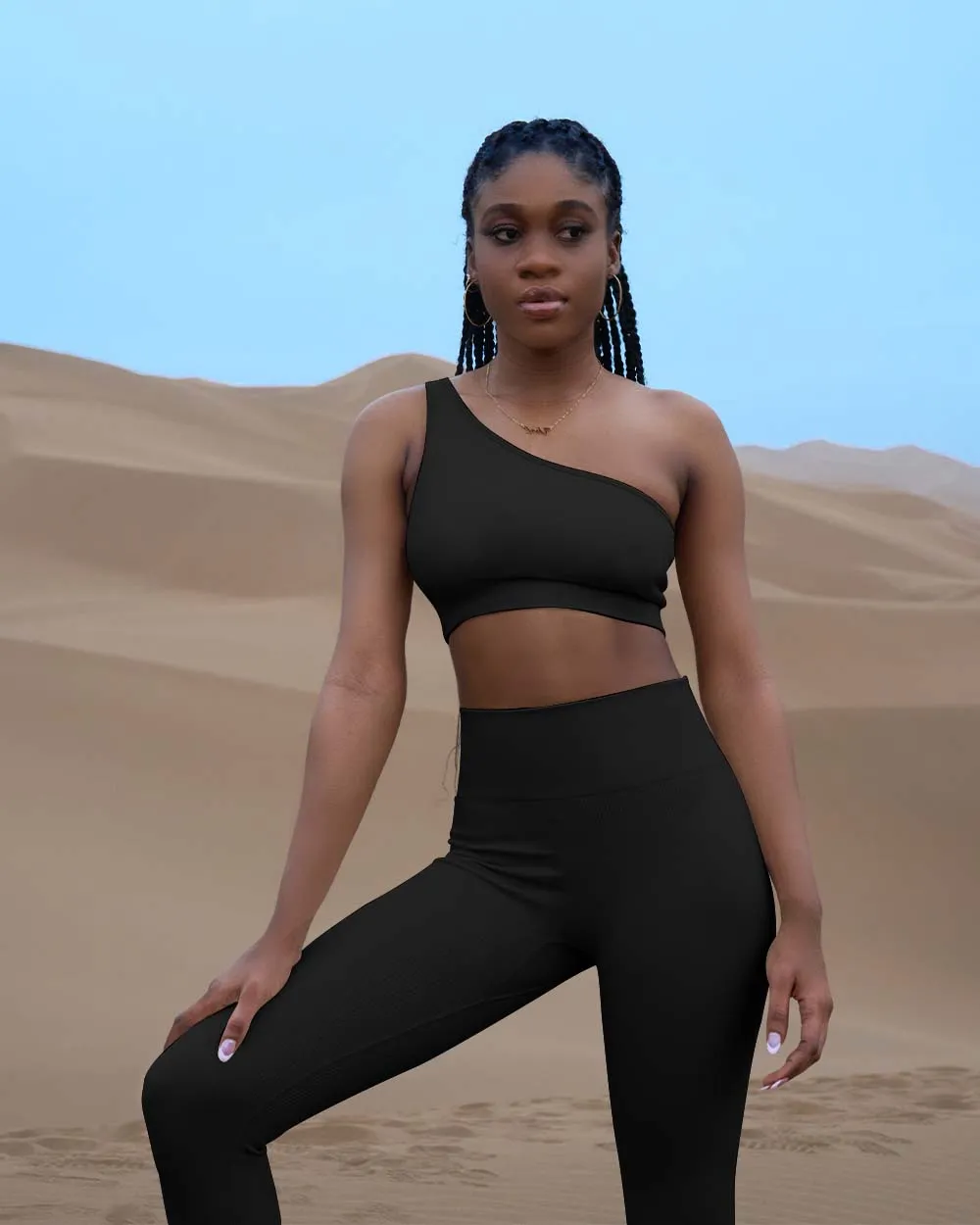 Ribbed  Neck Sports One Shoulder High Waist Legging  Set Bra Shorts Outfit