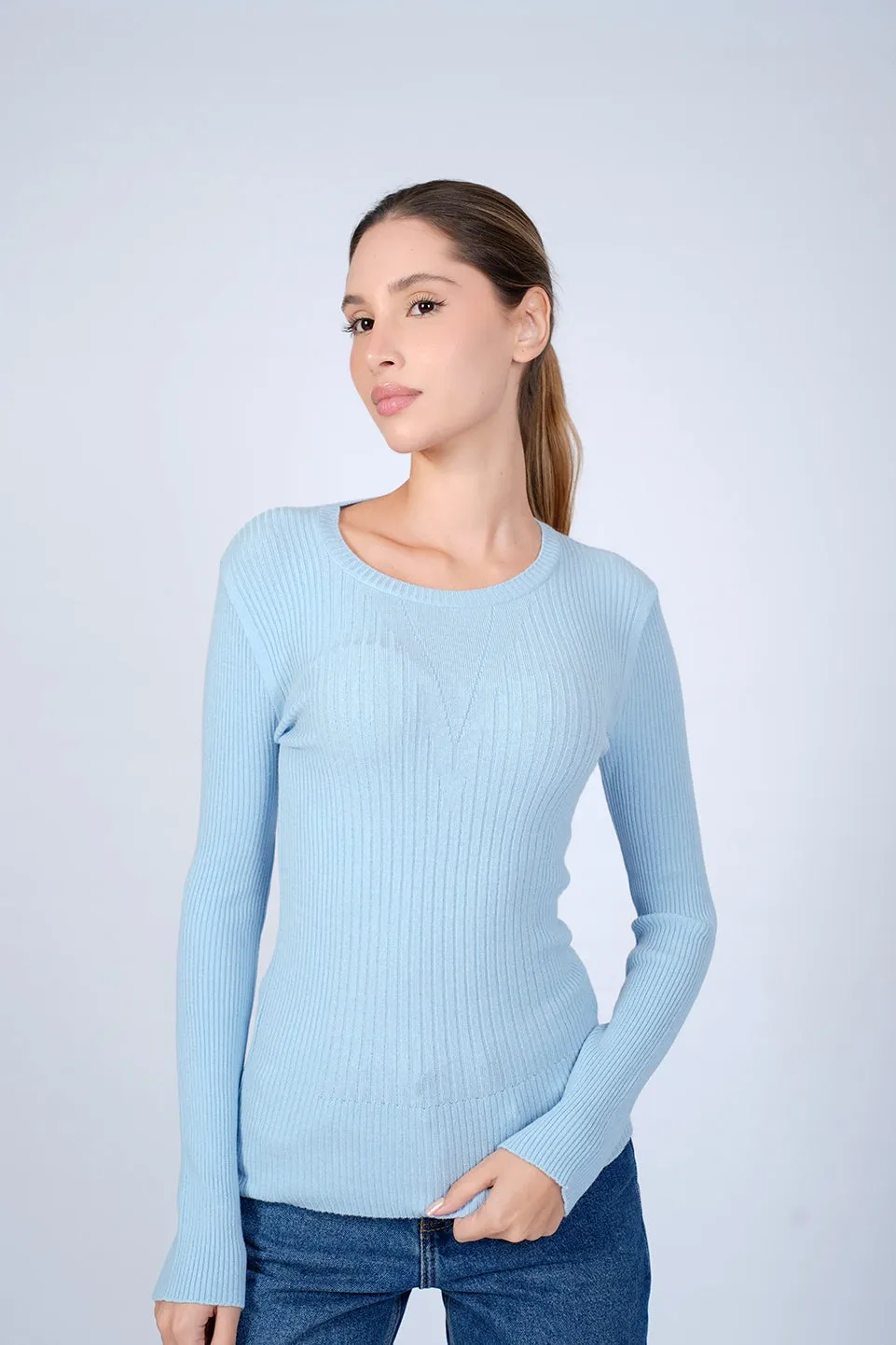 Round Neck Blue Ripped Knit Wear