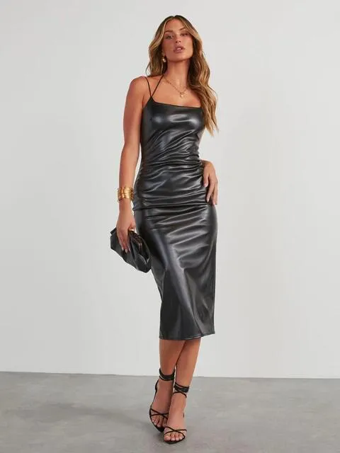 Sultry Allure Vegan Leather Midi Dress