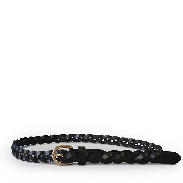 Waverly | Black Skinny Leather Plaited Belt with Gold Buckle