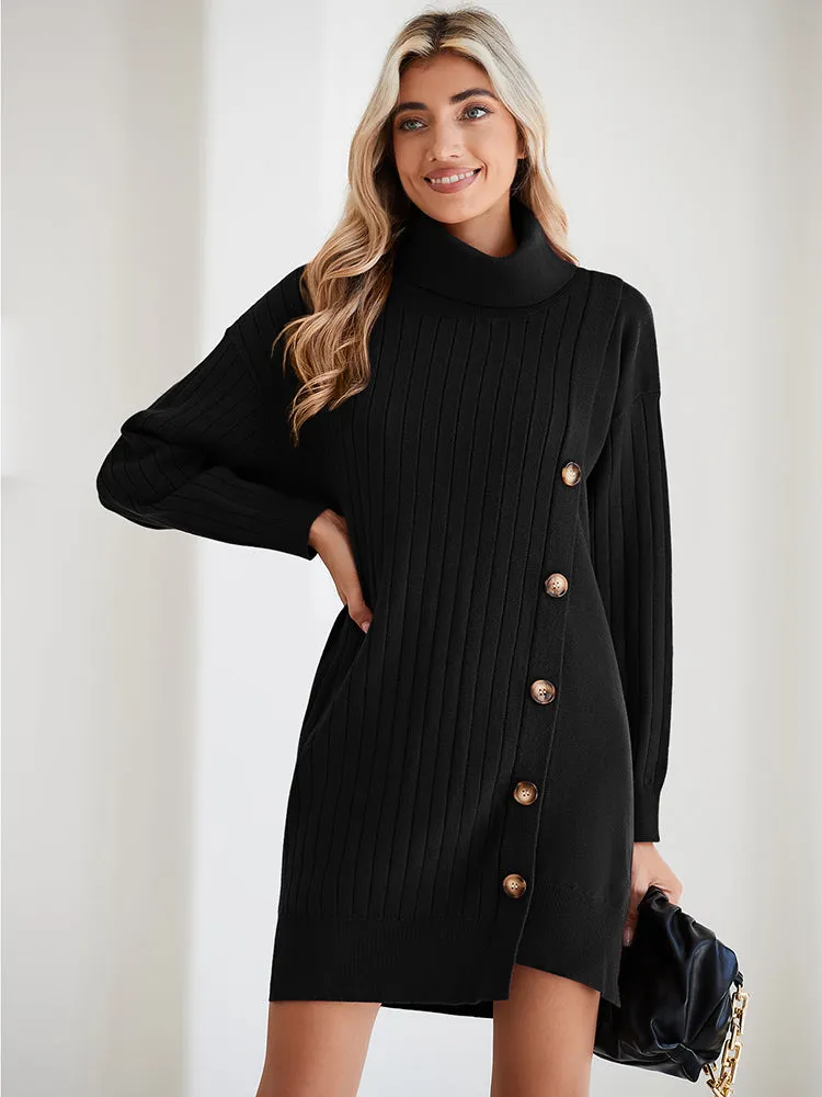 Women's Turtleneck Button Down Sweater Dress Long Sleeve Ribbed Knit Mini Dress Outfits