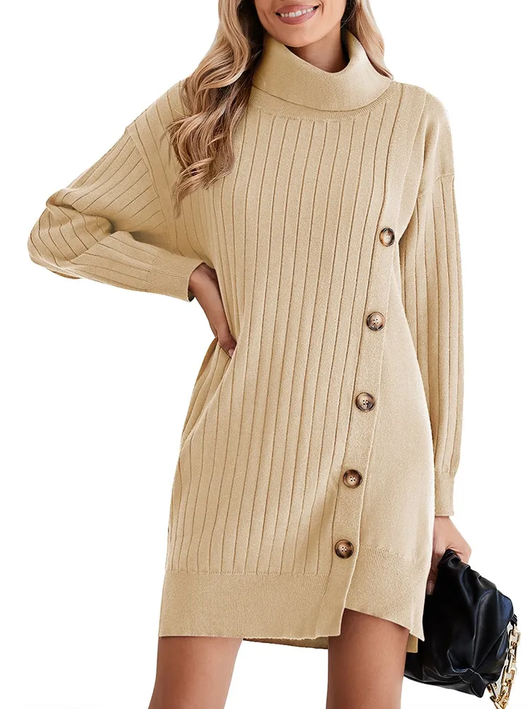 Women's Turtleneck Button Down Sweater Dress Long Sleeve Ribbed Knit Mini Dress Outfits