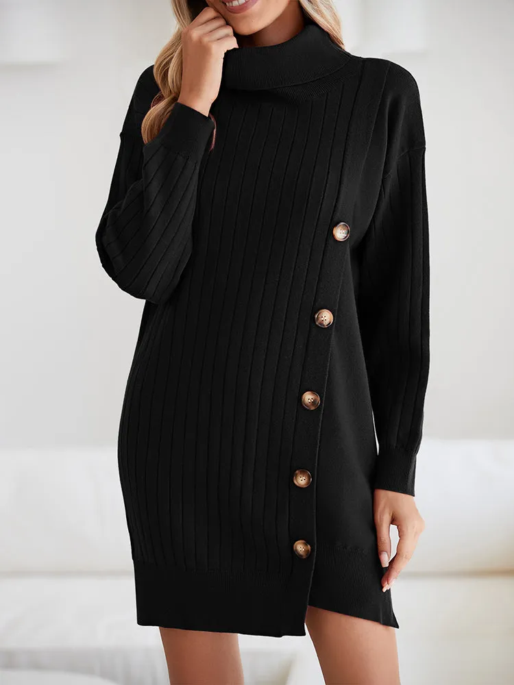 Women's Turtleneck Button Down Sweater Dress Long Sleeve Ribbed Knit Mini Dress Outfits