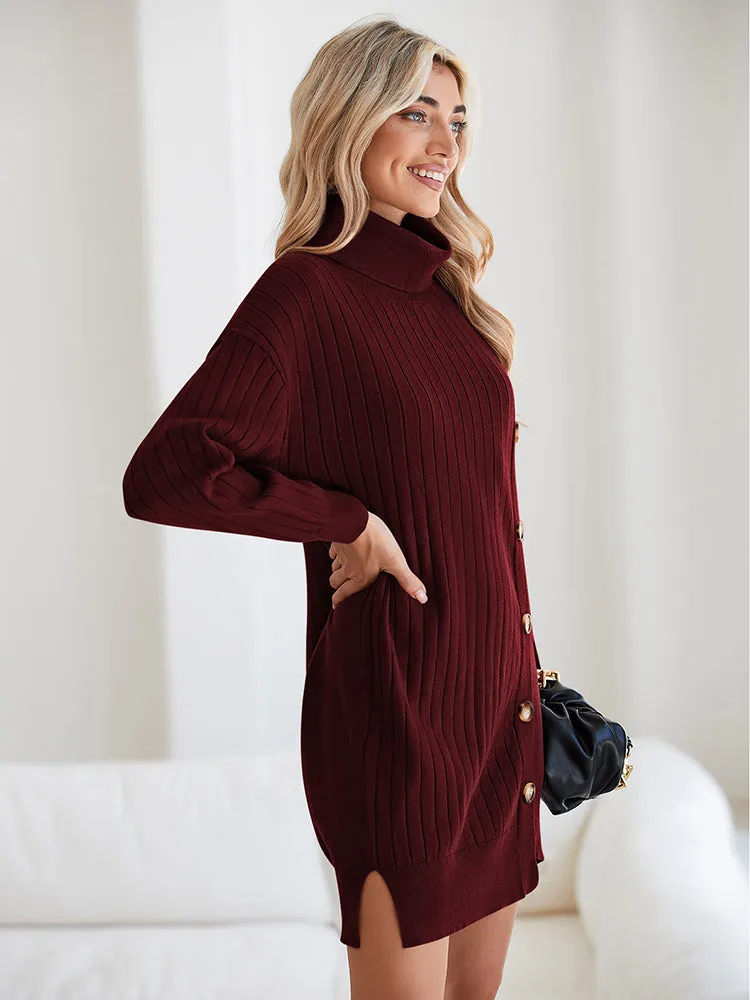 Women's Turtleneck Button Down Sweater Dress Long Sleeve Ribbed Knit Mini Dress Outfits