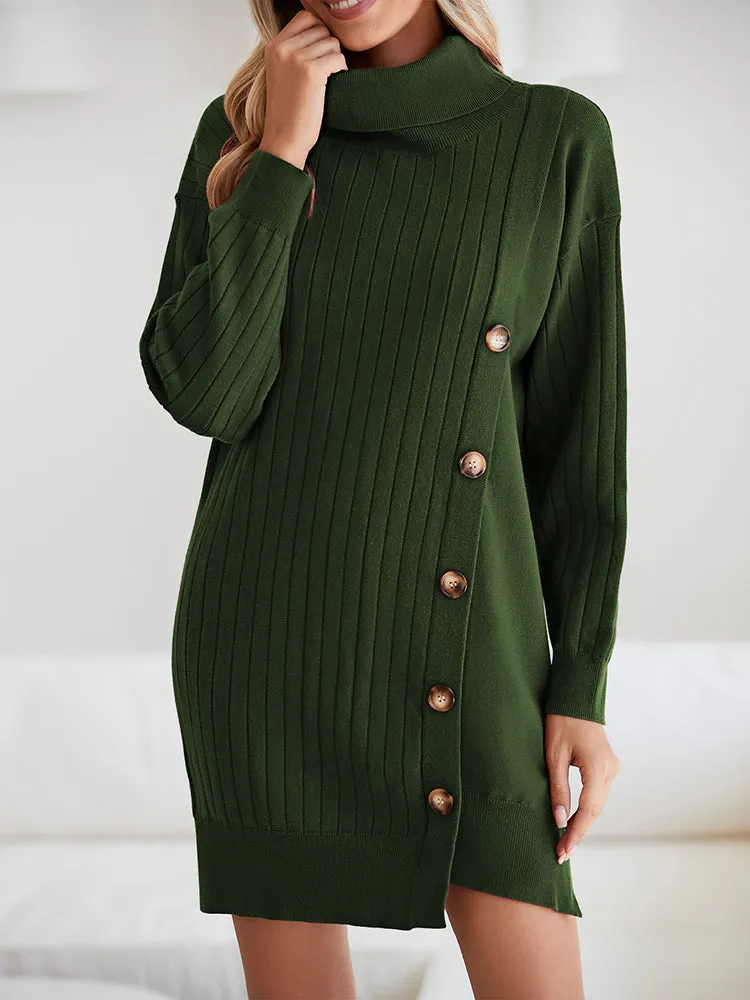 Women's Turtleneck Button Down Sweater Dress Long Sleeve Ribbed Knit Mini Dress Outfits