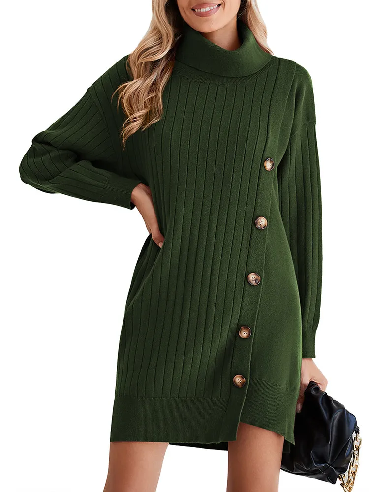 Women's Turtleneck Button Down Sweater Dress Long Sleeve Ribbed Knit Mini Dress Outfits