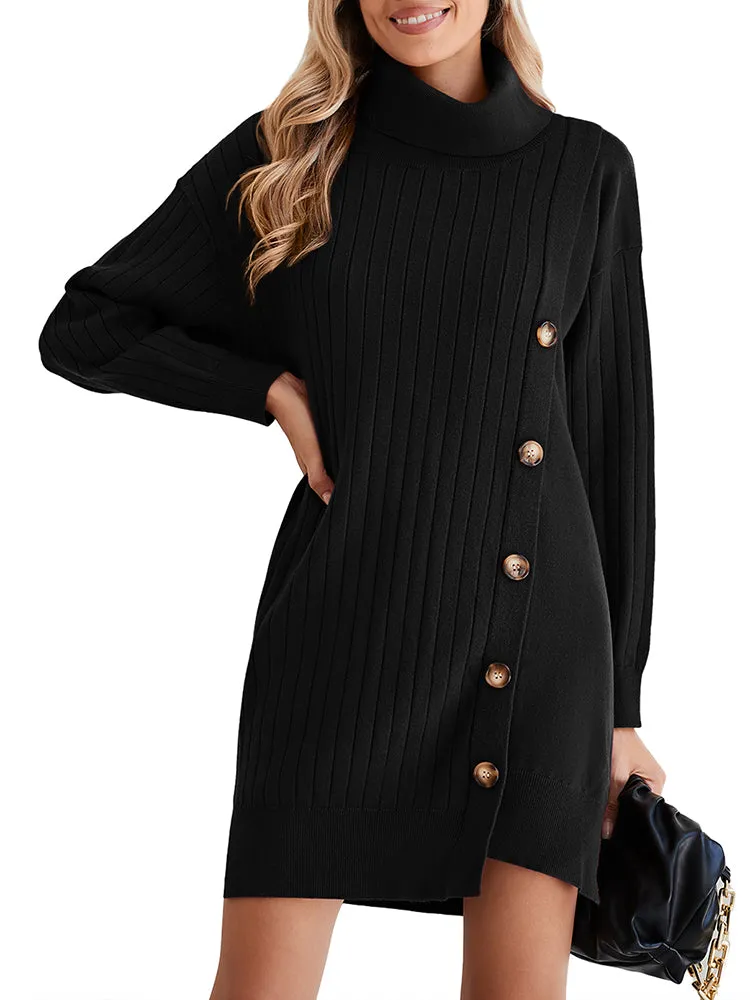 Women's Turtleneck Button Down Sweater Dress Long Sleeve Ribbed Knit Mini Dress Outfits